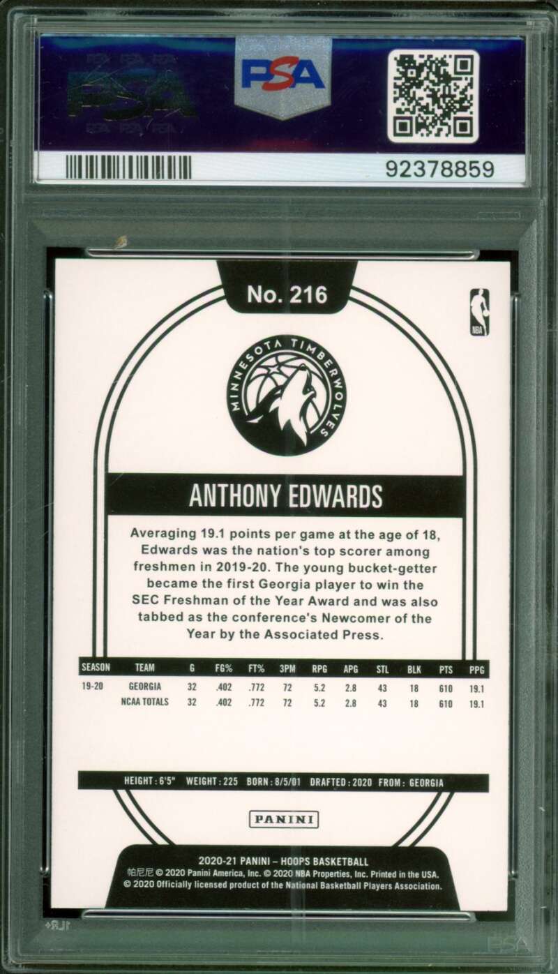 Anthony Edwards Rookie Card 2020-21 Panini Hoops #216 PSA 9 Image 2