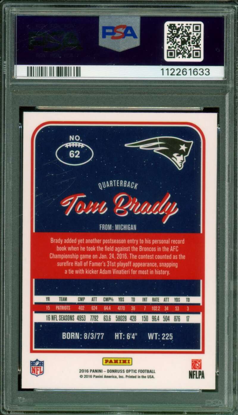 Tom Brady Card 2016 Panini Donruss Optic #62 PSA 10 Image 2