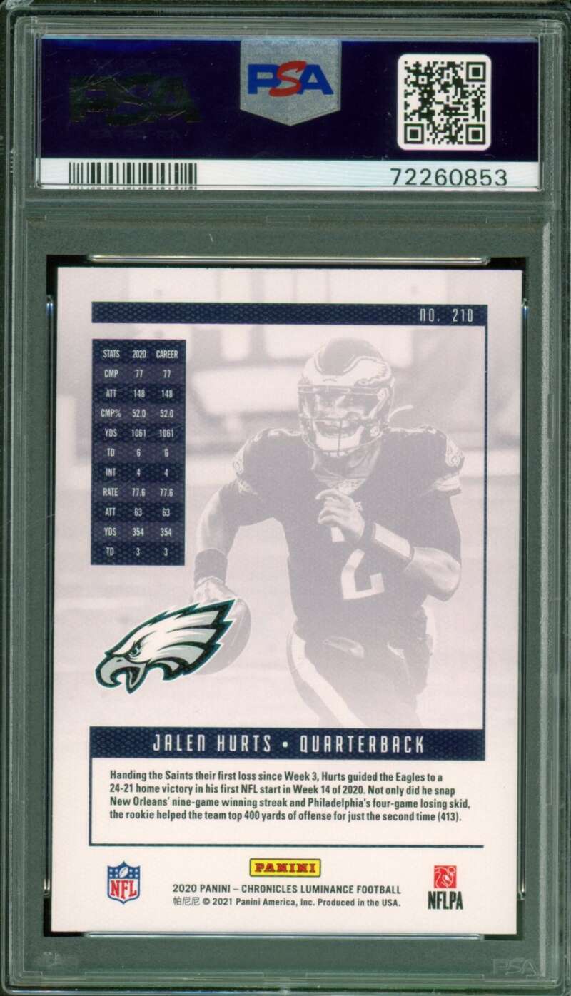 Jalen Hurts Rookie Card 2020 Panini Chronicles Luminance #210 PSA 10 Image 2