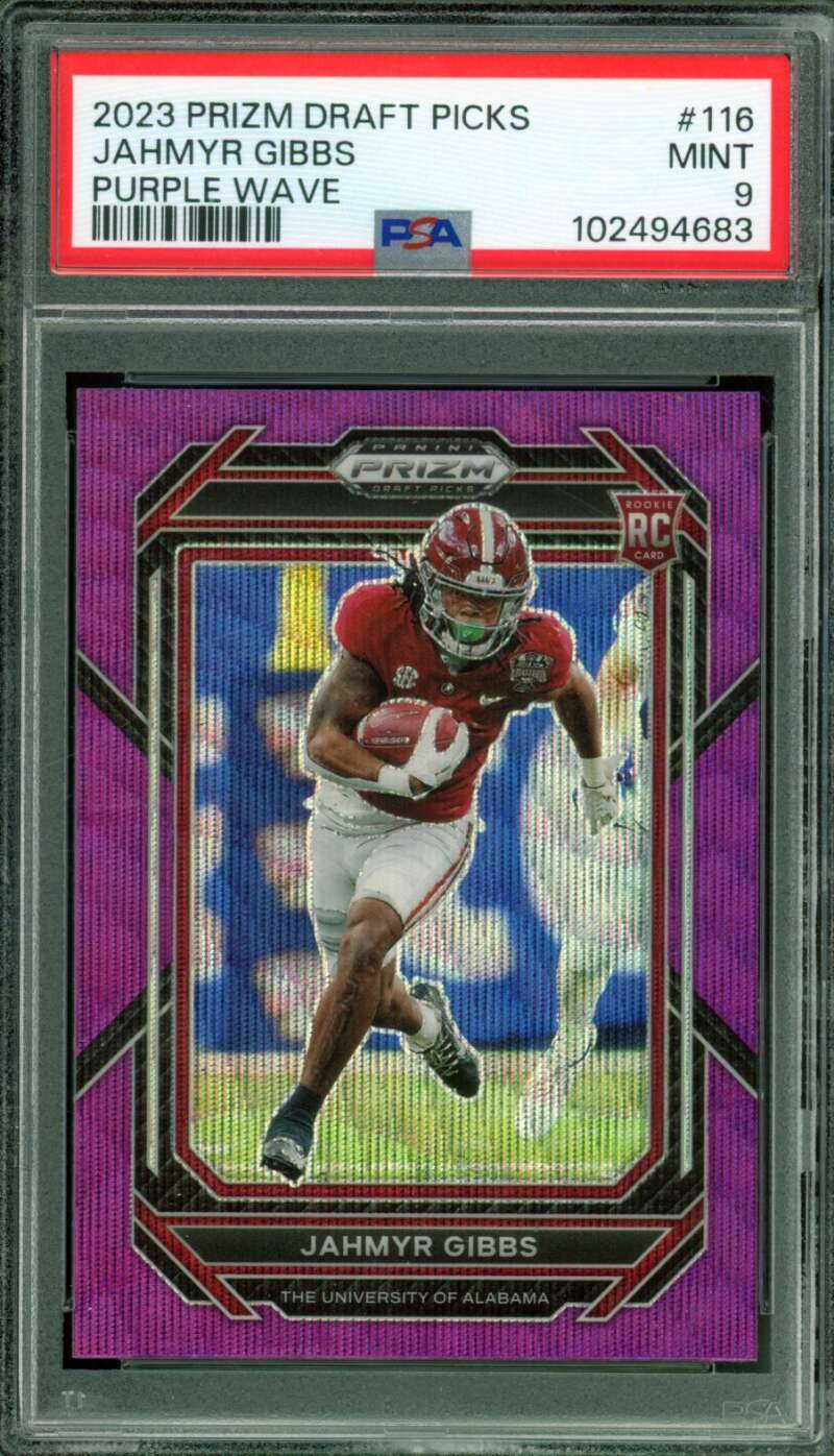 Jahmyr Gibbs Rookie Card 2023 Prizm Draft Picks Purple Wave #116 PSA 9 Image 1