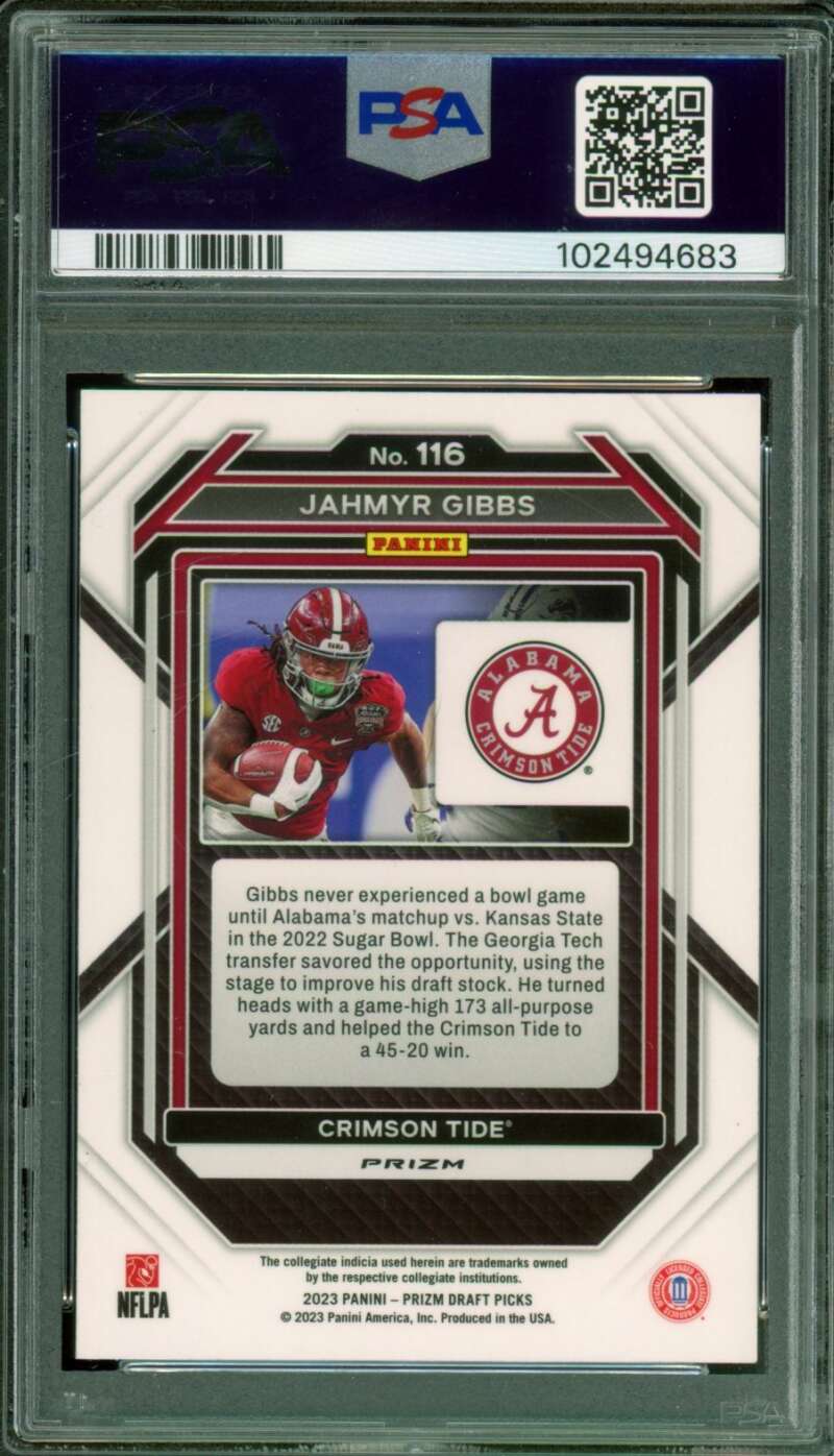 Jahmyr Gibbs Rookie Card 2023 Prizm Draft Picks Purple Wave #116 PSA 9 Image 2