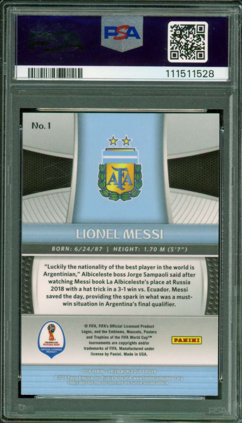 Lionel Messi Card 2018 Panini Prizm W/C #1 PSA 9 Image 2