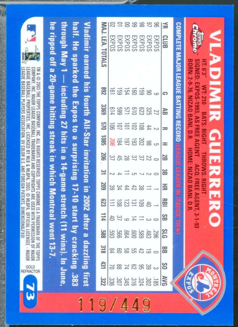 Vladimir Guerrero Card 2003 Topps Chrome Gold Refractors /449 #73  Image 2