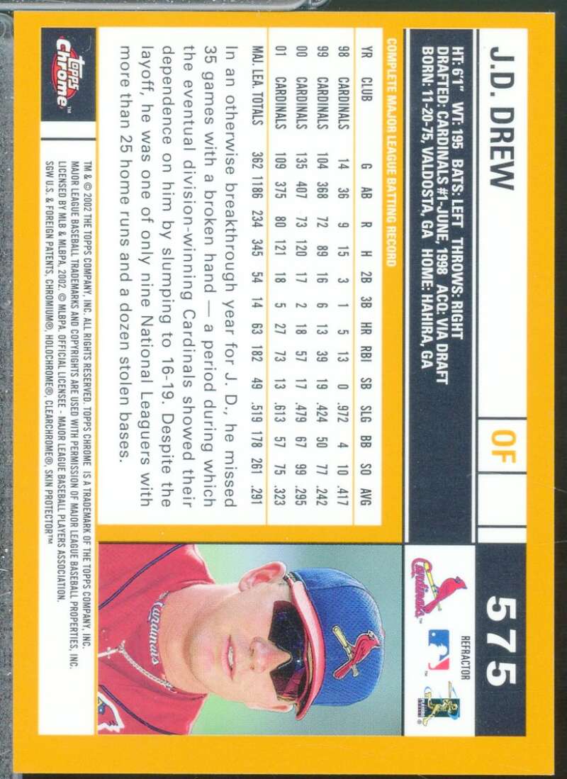 J.D. Drew Card 2002 Topps Chrome Gold Refractors #575  Image 2