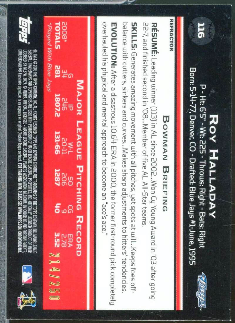 Roy Halladay Card 2009 Bowman Chrome X-Fractors /250 #116  Image 2