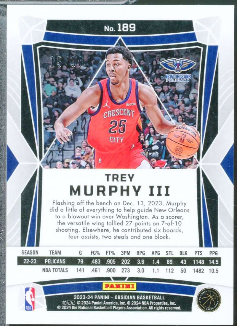 Trey Murphy III Card 2023-24 Panini Obsidian Electric Etch Blue /30 #189  Image 2