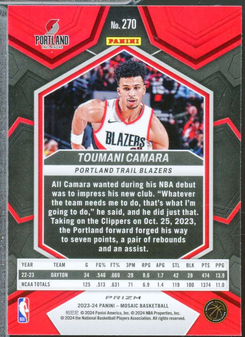 Toumani Camara Rookie 2023-24 Panini Mosaic Debut Mosaic Reactive Blue #270  Image 2