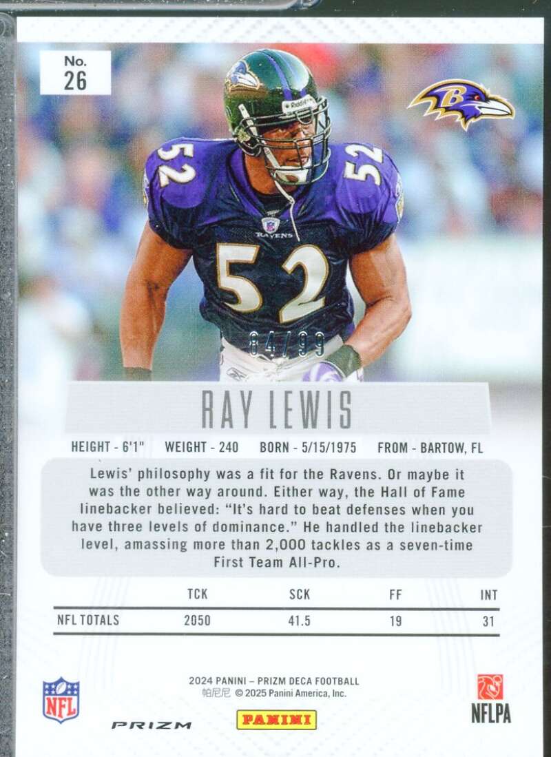 Ray Lewis Card 2024 Panini Prizm Deca Prizms Purple /99 #26  Image 2
