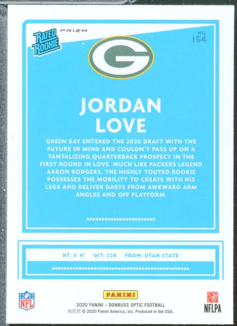 Jordan Love Rookie Card 2020 Donruss Optic Rated Rookie Holo #154  Image 2