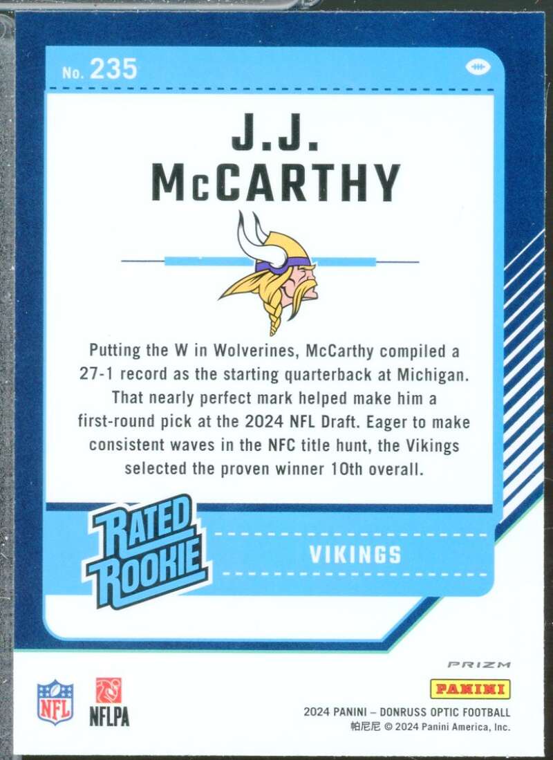JJ McCarthy Rookie Card 2024 Donruss Optic Rated Rookie Pink #235  Image 2