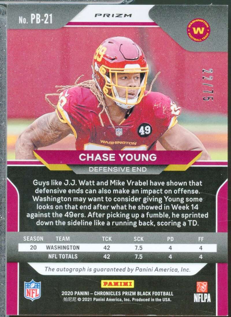 Chase Young Rookie Card 2020 Panini Prizm Black Autograph Orange /75 #21  Image 2