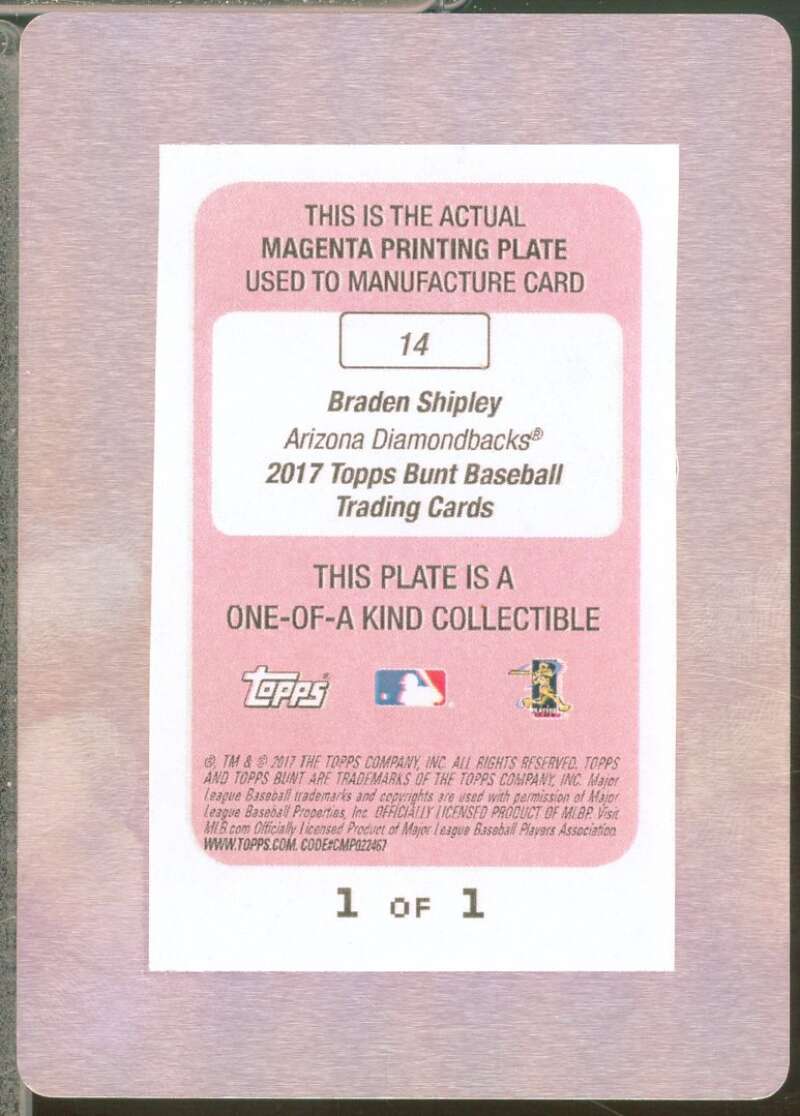 Braden Shipley Rookie Card 2017 Topps Bunt Printing Plates Magenta 1/1 #14  Image 2