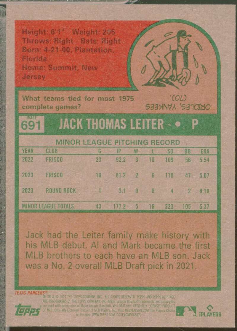 Jack Leiter Rookie Card 2024 Topps Heritage Image Variation SP #691  Image 2