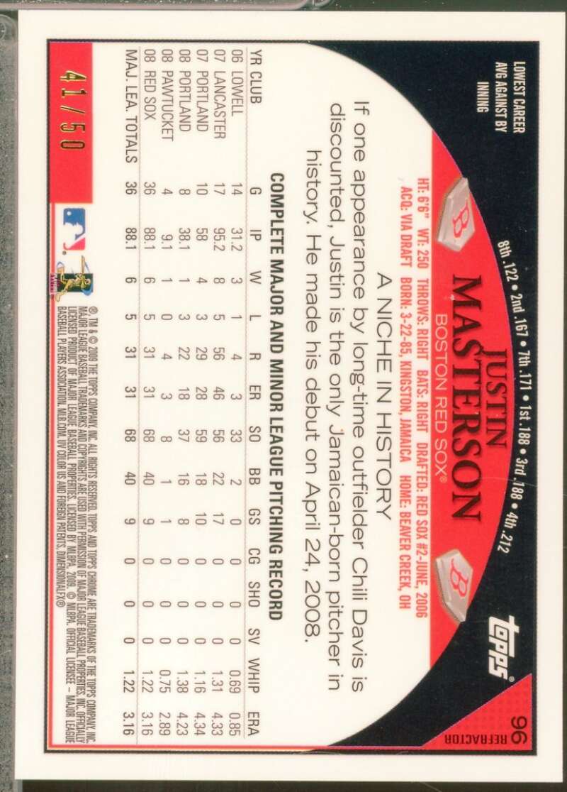 Justin Masterson Card 2009 Topps Chrome Gold Refractors /50 #96  Image 2
