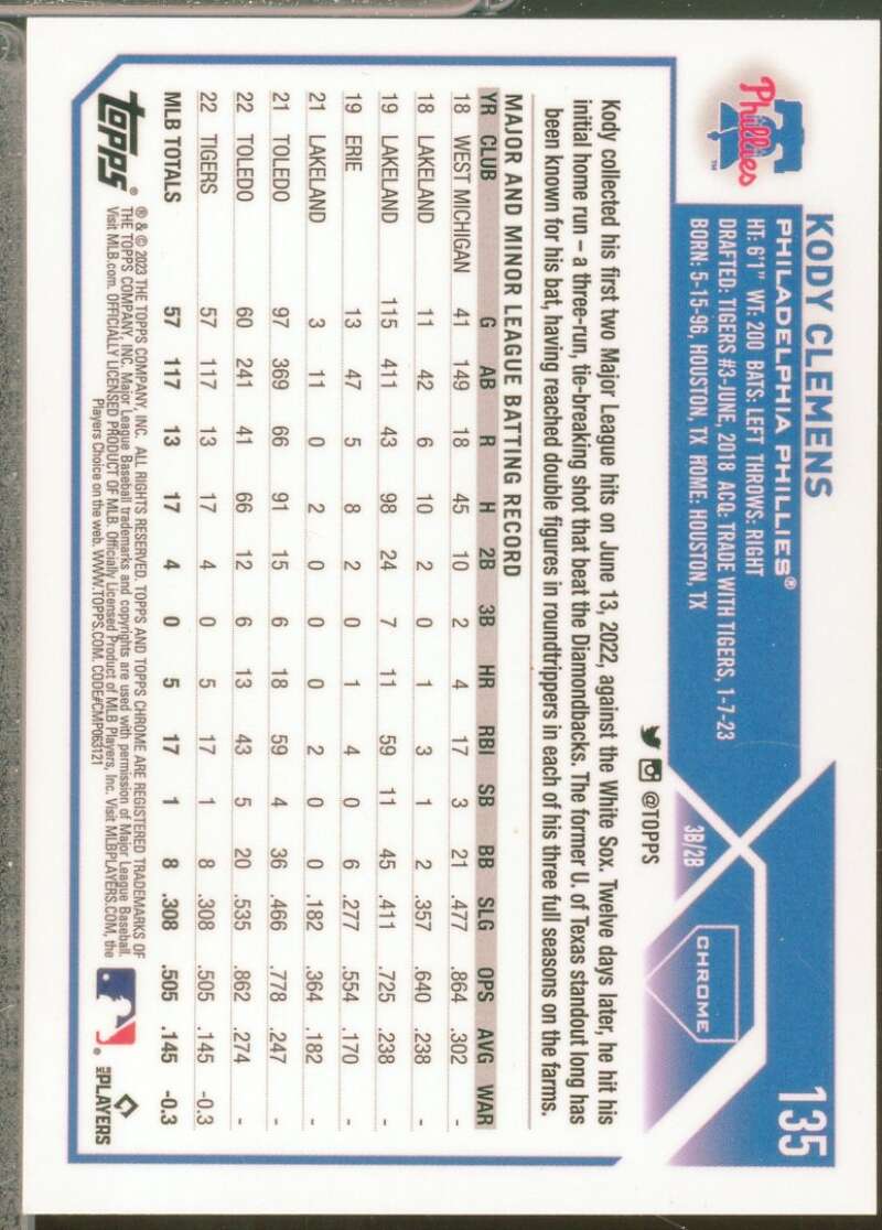 Kody Clemens Rookie Card 2023 Topps Chrome Blue Refractors /150 #135  Image 2