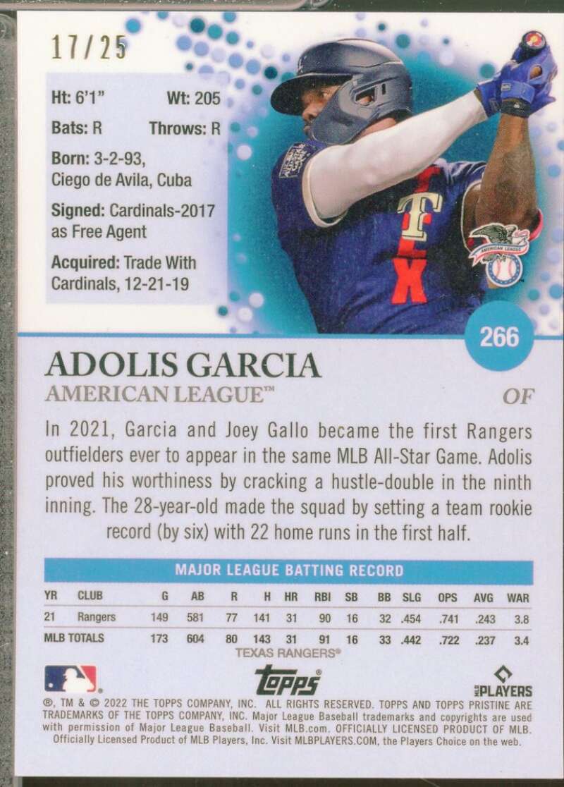 Adolis Garcia Card 2022 Topps Pristine Orange Refractors /25 #266  Image 2
