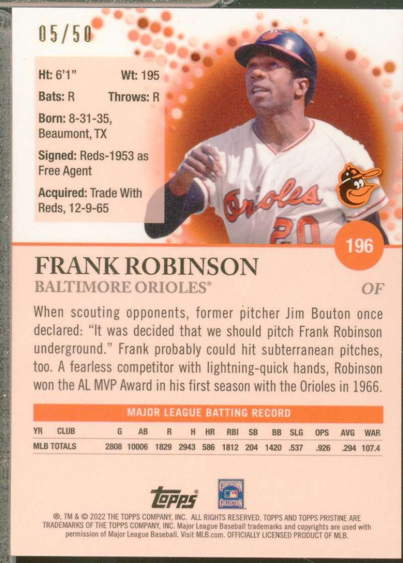 Frank Robinson Card 2022 Topps Pristine Gold Refractors /50 #196  Image 2