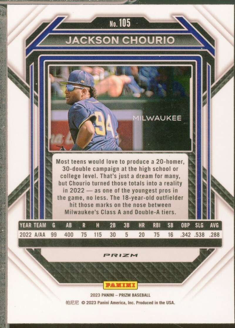 Jackson Chourio Card 2023 Panini Prizm Prizms Silver #105  Image 2