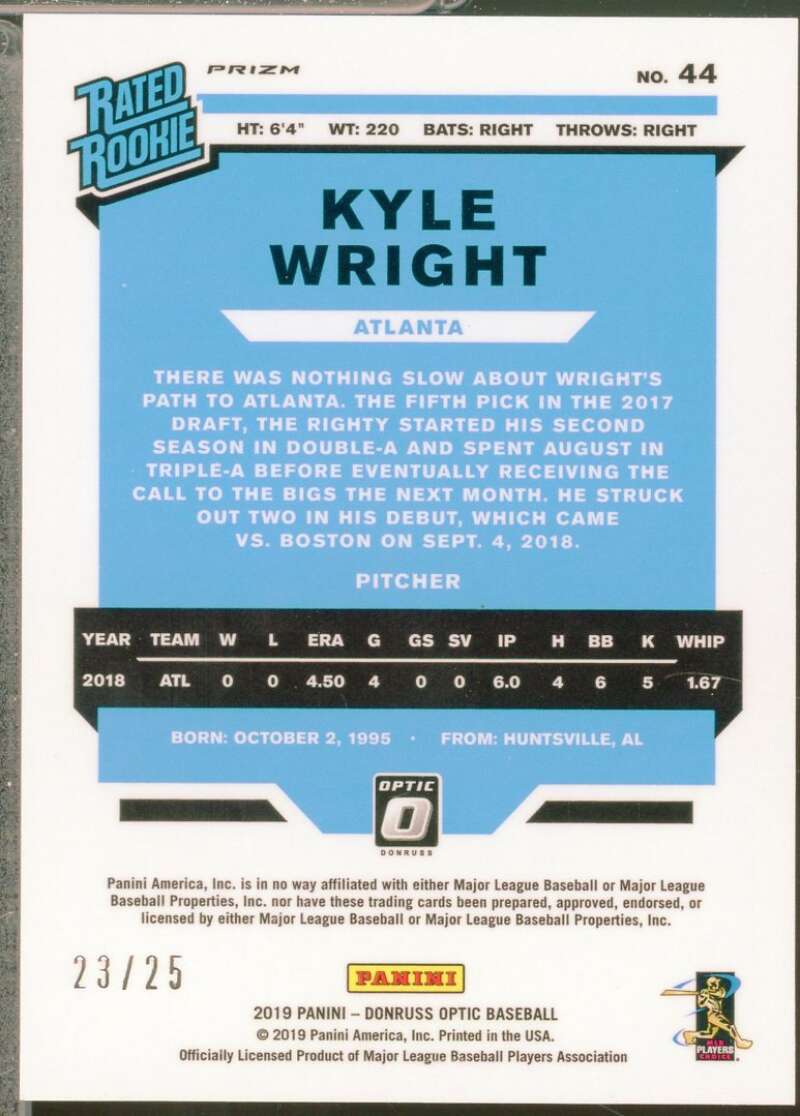 Kyle Wright Rookie Card 2019 Donruss Optic Rated Rookie Black /25 #44  Image 2