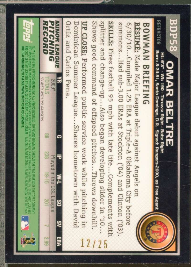 Omar Beltre Rookie Card 2010 Bowman Chrome Draft Orange Refractors /25 #BDP58  Image 2