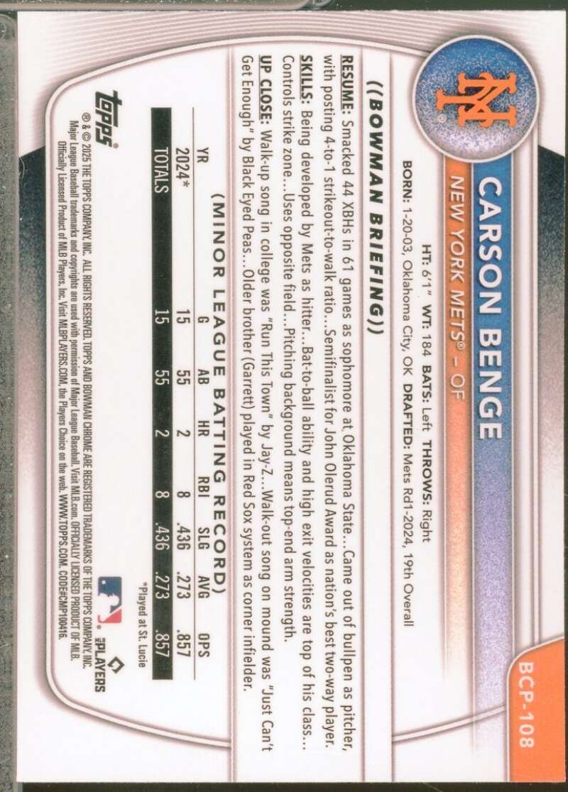Carson Benge Card 2025 Bowman Chrome Prospects Reptilian Refractors #BCP108  Image 2