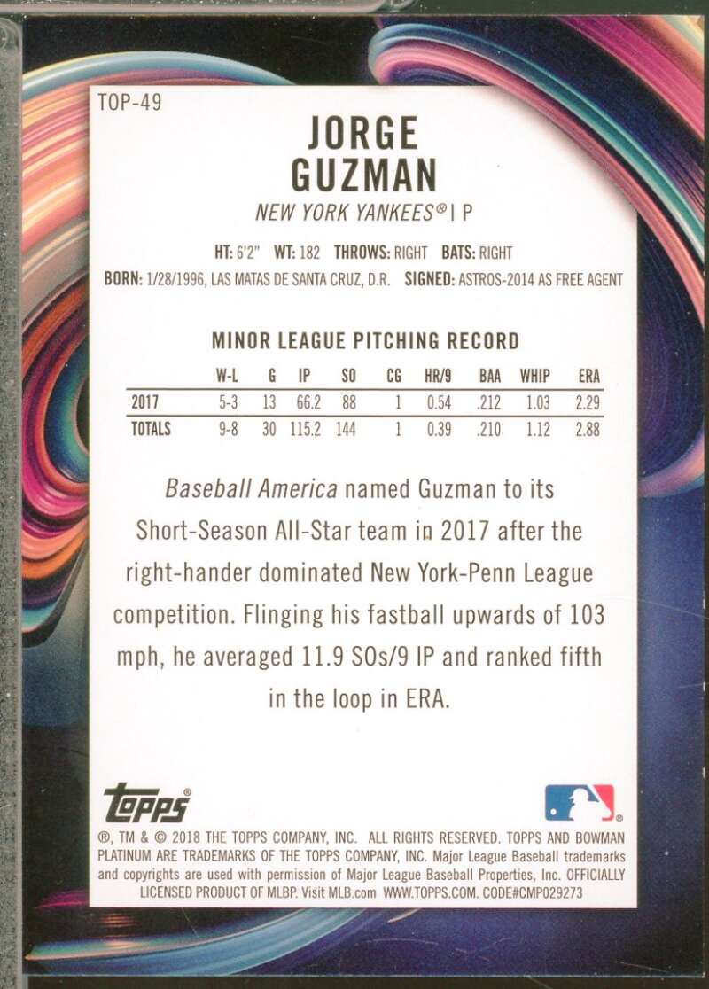 Jorge Guzman Card 2018 Bowman Platinum Top Prospects Red /10 #TOP49  Image 2
