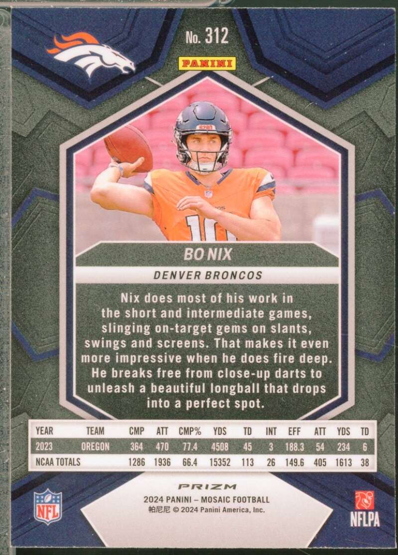 Bo Nix Rookie Card 2024 Panini Mosaic Mosaic Reactive Blue #312  Image 2