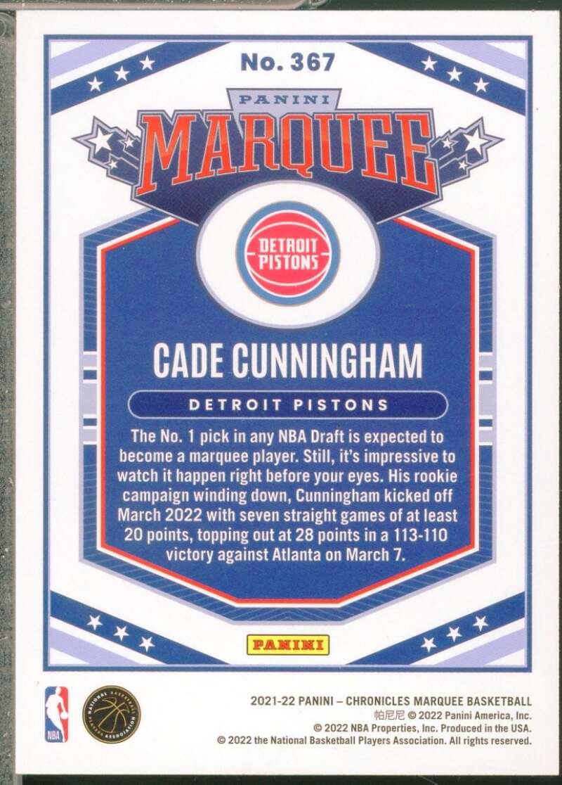 Cade Cunningham Rookie Card 2021-22 Panini Chronicles Marquee Green #367  Image 2