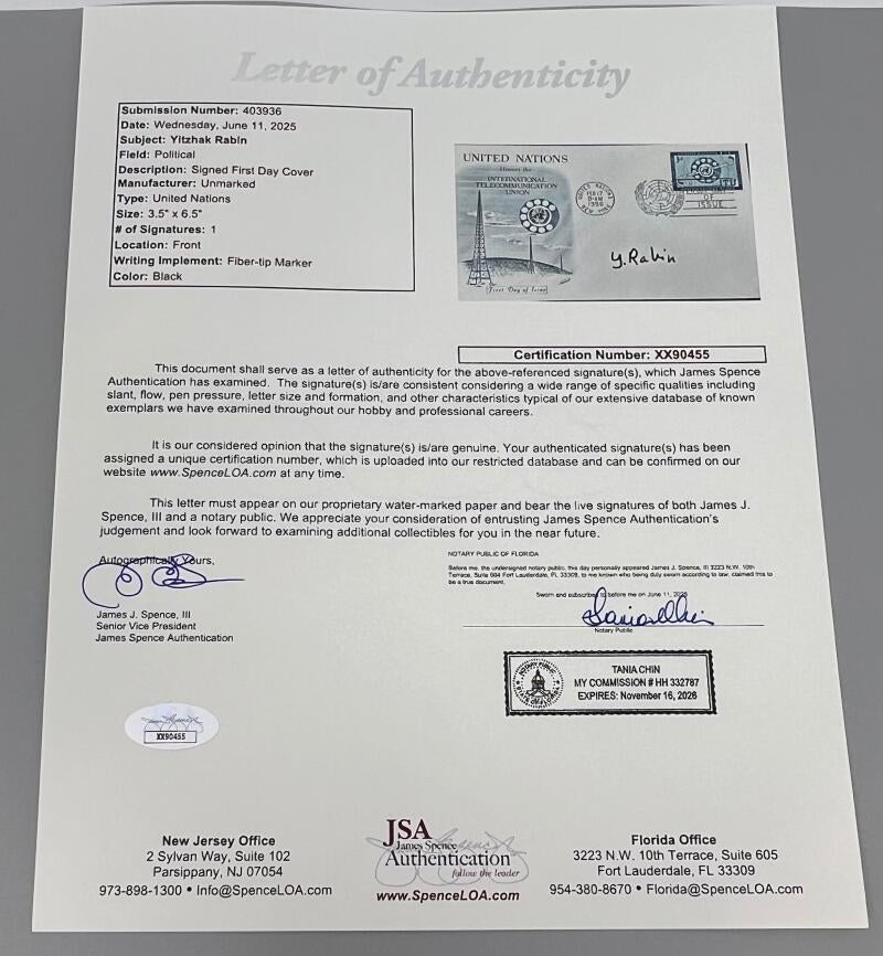 Yitzhak Rabin United Nations Signed First Day Cover Envelope JSA Authentic Image 2