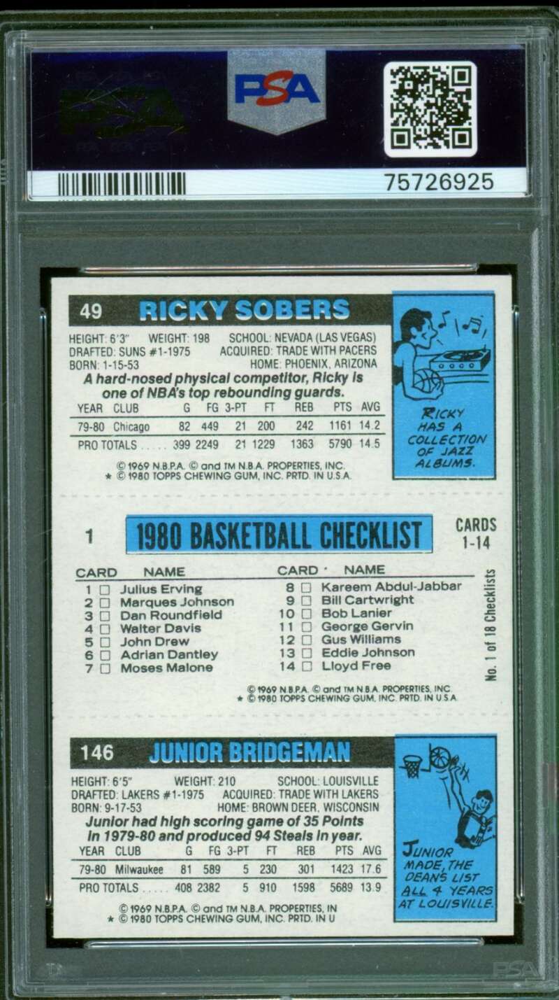 Junior Bridgeman/Julius Erving/Ricky Sobers Card 1980-81 Topps #137 PSA 9 Image 2