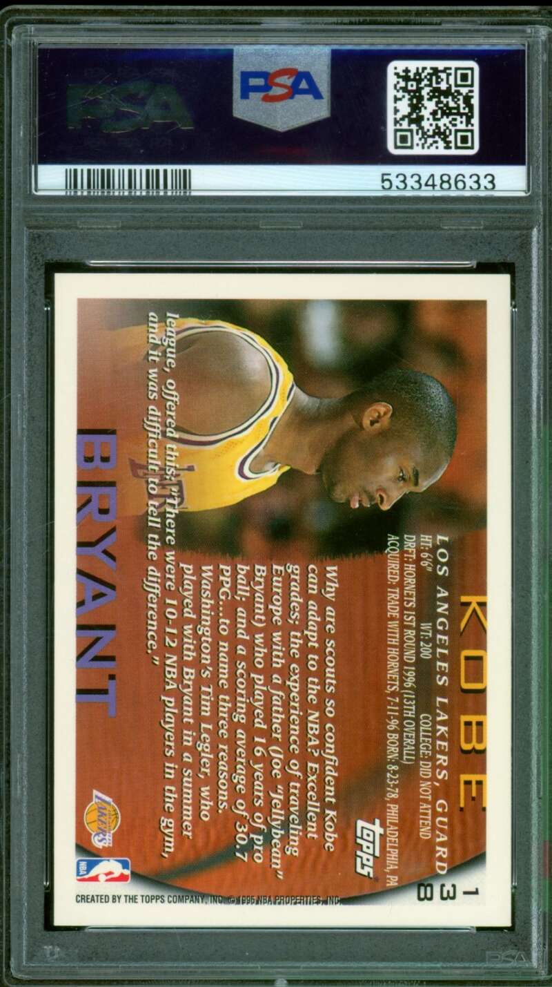 Kobe Bryant Rookie Card 1996-97 Topps #138 PSA 9 Image 2