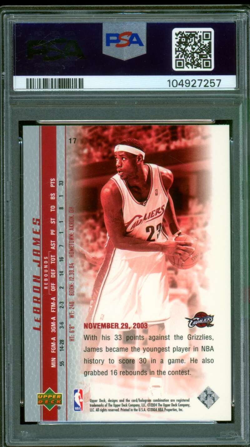 LeBron James Rookie Card 2003-04 Upper Deck Phenomenal Beginning #17 PSA 10 Image 2