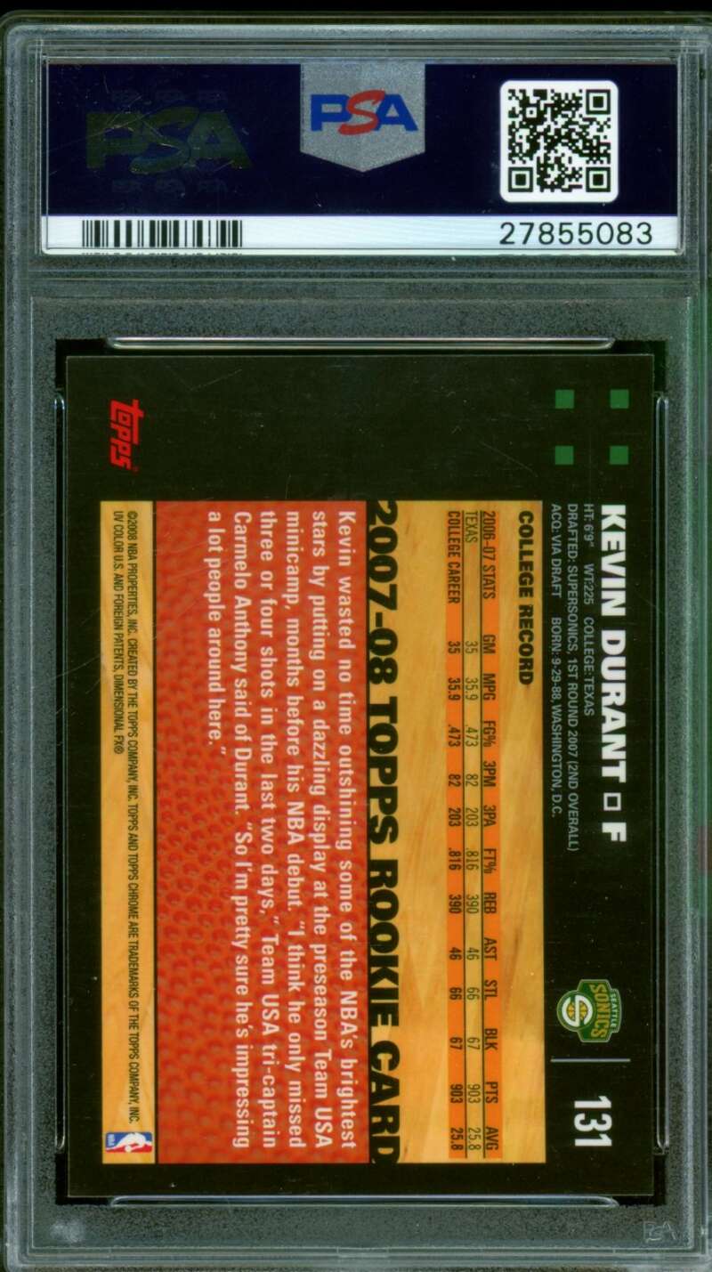 Kevin Durant Rookie Card 2007-08 Topps Chrome #131 PSA 9 Image 2