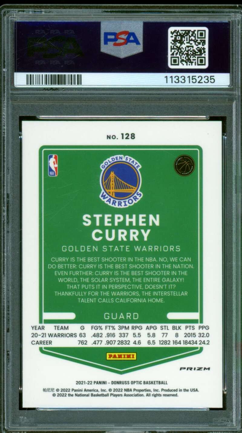 Stephen Curry Card 2021-22 Donruss Optic Blue Velocity #128 PSA 10 Image 2