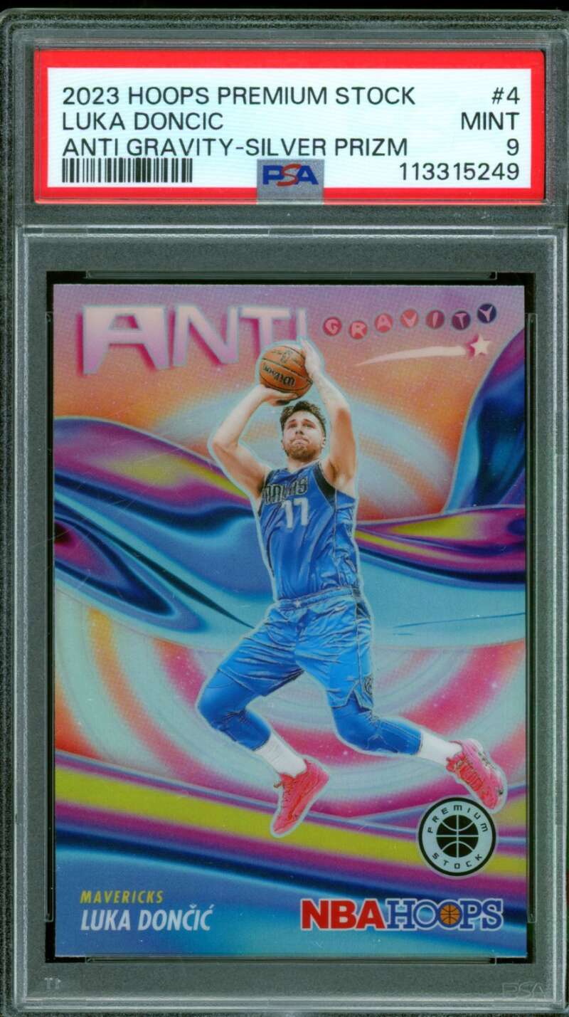 Luka Doncic Card 2023-24 Hoops Premium Stock Anti Gravity Silver Prizm #4 PSA 9 Image 1