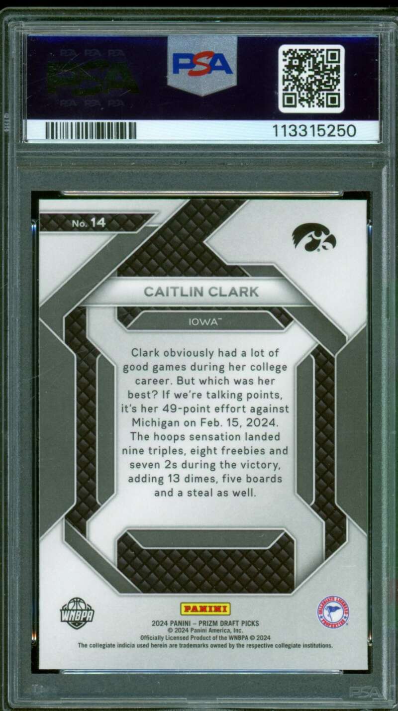 Caitlin Clark Rookie Card 2024 Prizm Draft Picks New Recruits #14 PSA 9 Image 2