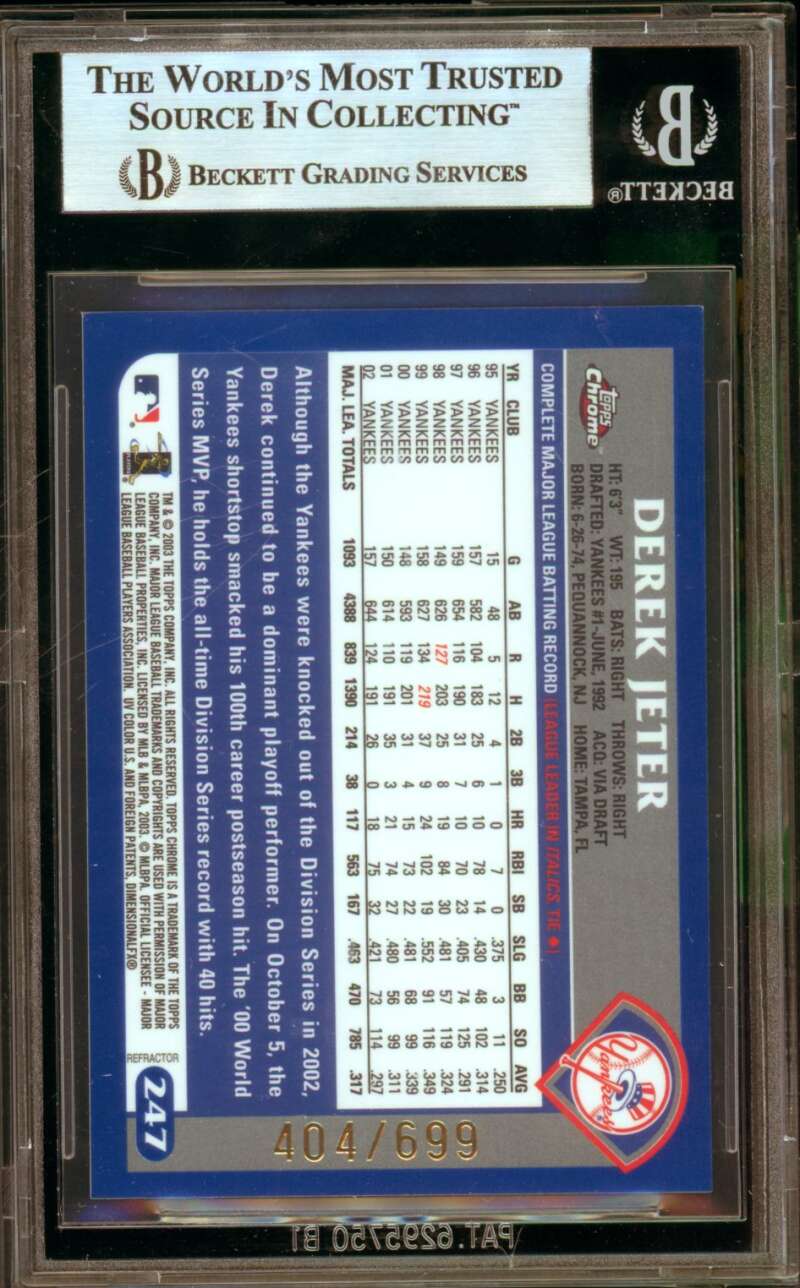 Derek Jeter Card 2003 Topps Chrome Refractors (404/699) (pop 5) #247 BGS 9 Image 2
