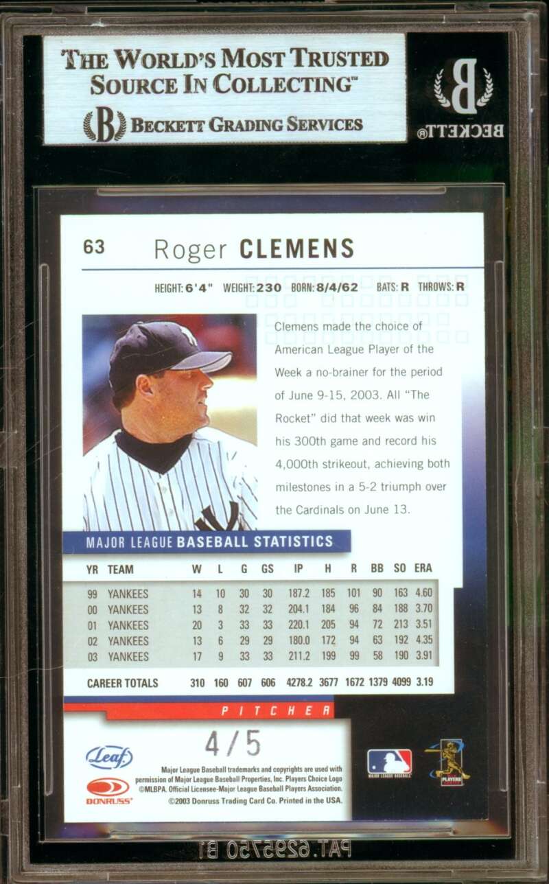 Roger Clemens Card 2004 Leaf Orange County (Serial #d 4/5) #63 BGS 9.5 Image 2