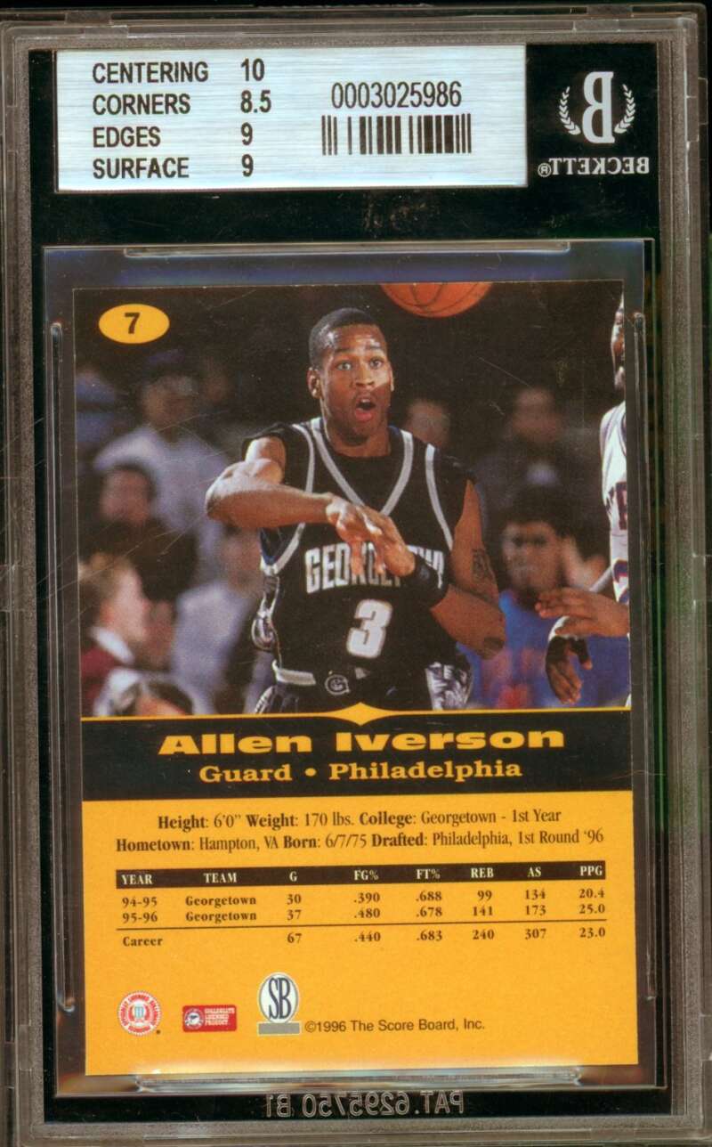 Allen Iverson Rookie Card 1996 Score Board All Sport PPF #7 BGS 9 Image 2
