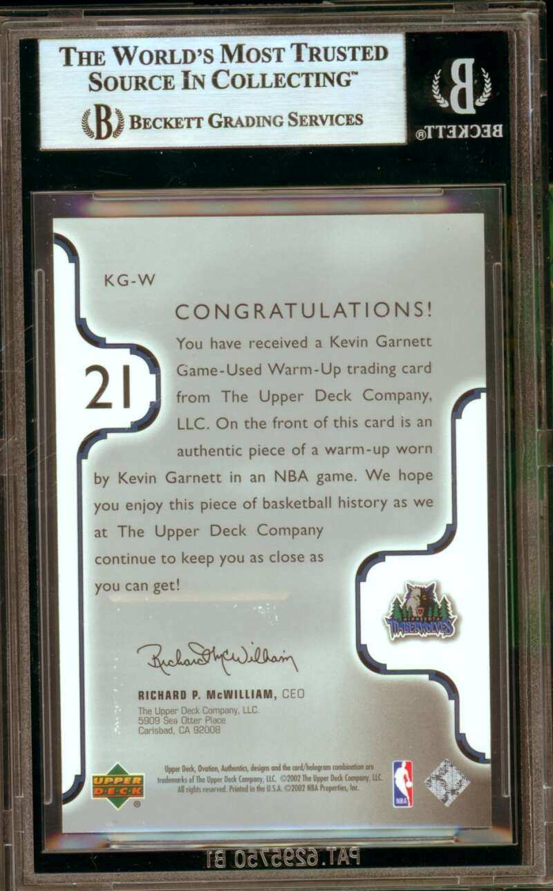Kevin Garnett Card 2002-03 UD Ovation Authentics Warm-Ups #WKG-W BGS 7 Image 2