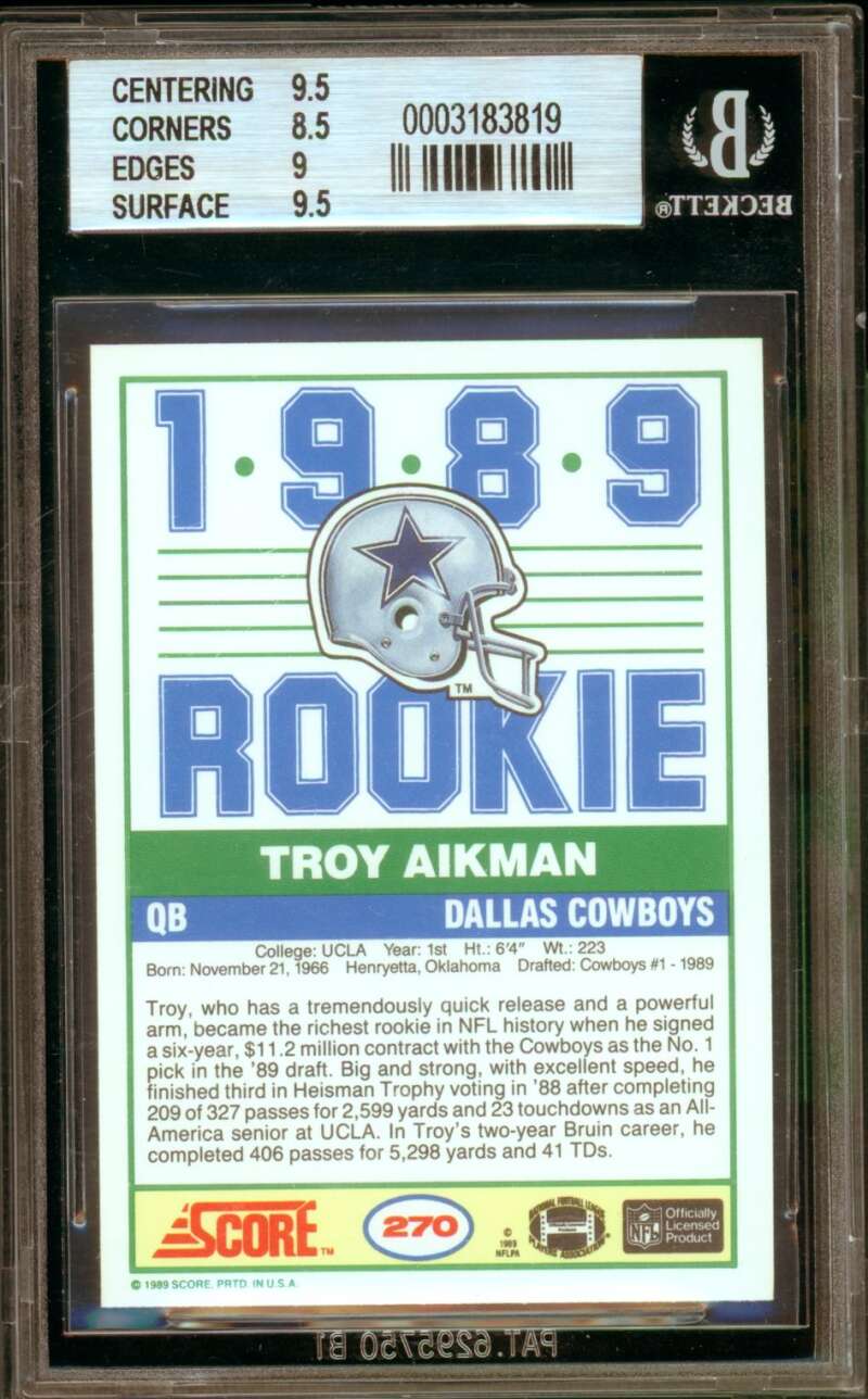 Troy Aikman Rookie Card 1989 Score #270 BGS 9 Image 2