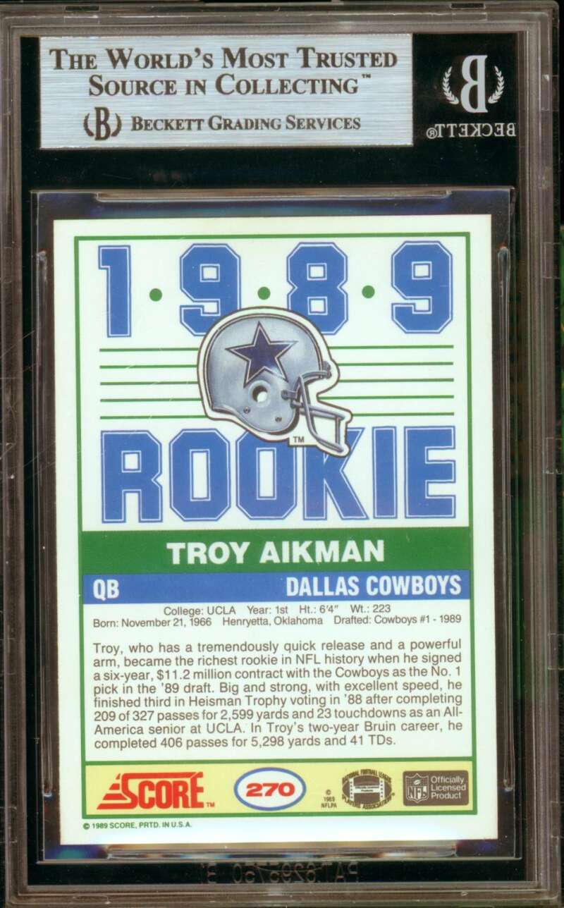 Troy Aikman Rookie Card 1989 Score #270 BGS 9 Image 2