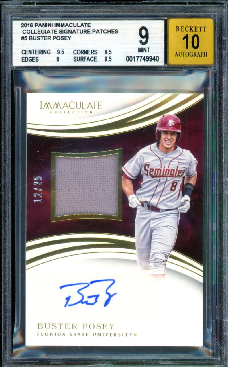 Buster Posey 2016 Immaculate Collegiate Signatures Patches (12/25) #5 BGS 9 Image 1