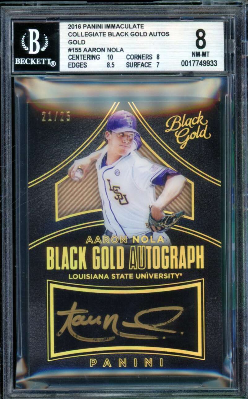Aaron Nola Rookie 2016 Panini Immaculate Collegiate Black Gold Autos #155 BGS 8 Image 1