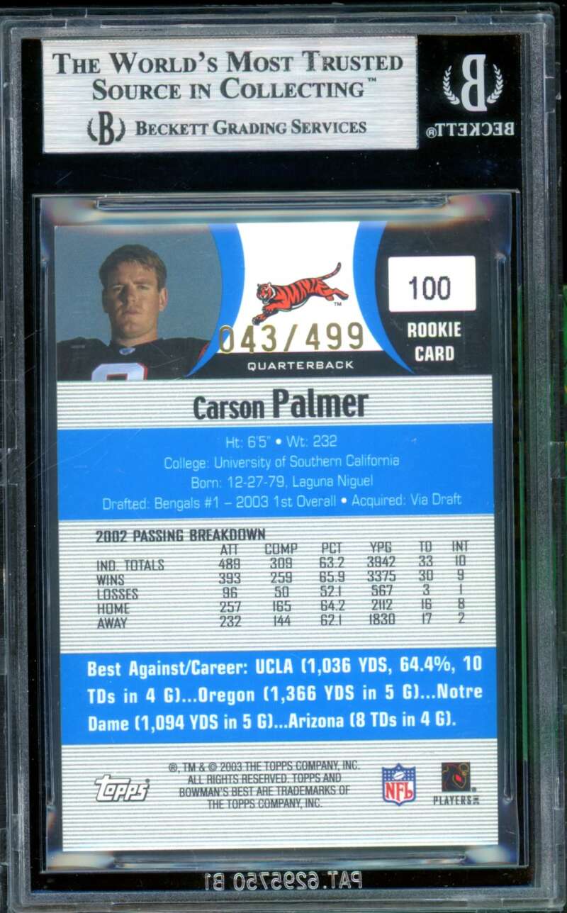 Carson Palmer Rookie Card 2003 Bowman's Best Blue #100 (pop 5) BGS 9 Image 2