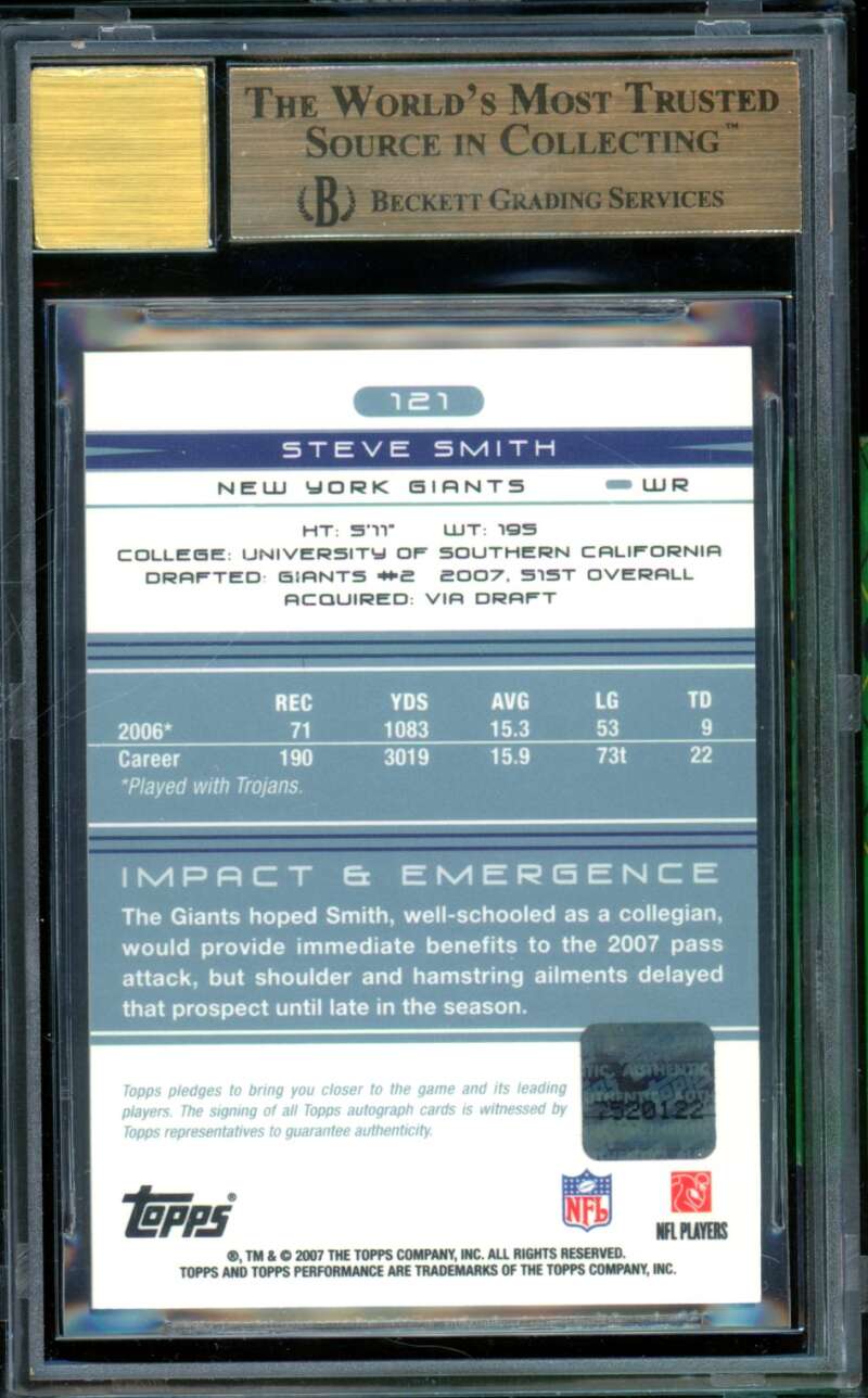 Steve Smith Rookie 2007 Topps Performance Rookie Autographs (pop 4) #121 BGS 9.5 Image 2