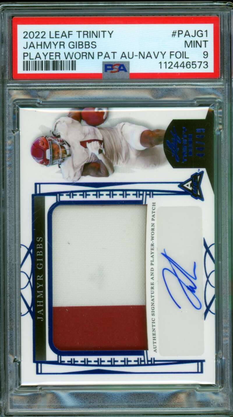 Jahmyr Gibbs Rookie 2022 Leaf Trinity Player Worn Auto Patch (44/49) #1 PSA 9 Image 1