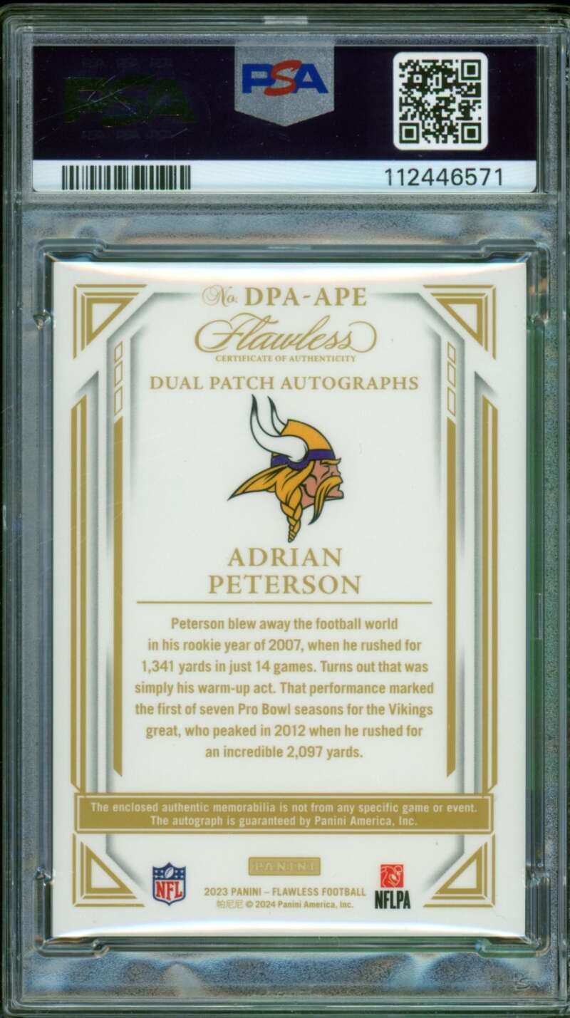 Adrian Peterson 2023 Flawless Dual Patch Autograph Sapphire (7/10) #dpaape PSA 8 Image 2