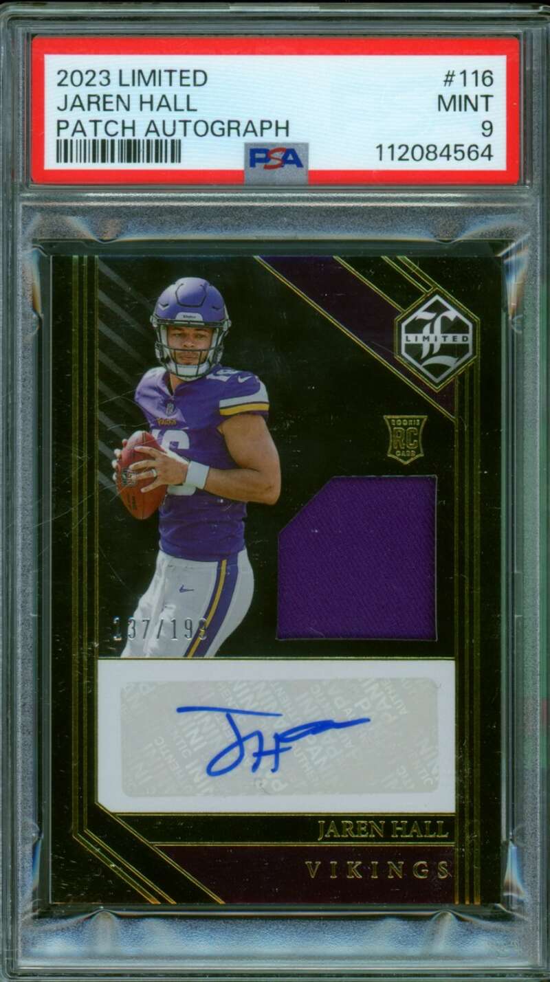 Jaren Hall Rookie Card 2023 Limited Patch Autograph (pop 1) #116 PSA 9 Image 1