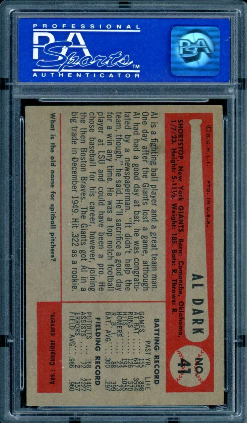 Alvin Dark Card 1954 Bowman #41 PSA 8 Image 2